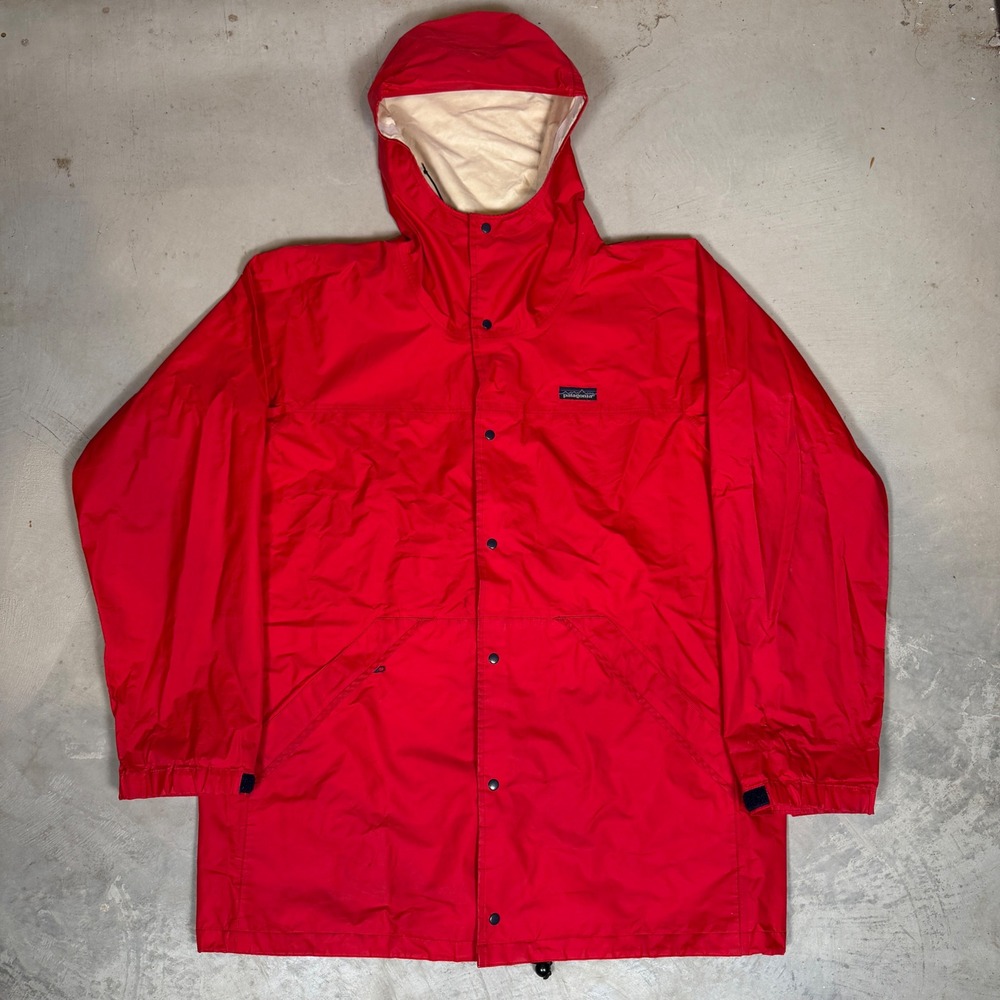Vintage 80s Patagonia Red Nylon Hooded Rain Parka Jacket Mens XL Full Zip Snap